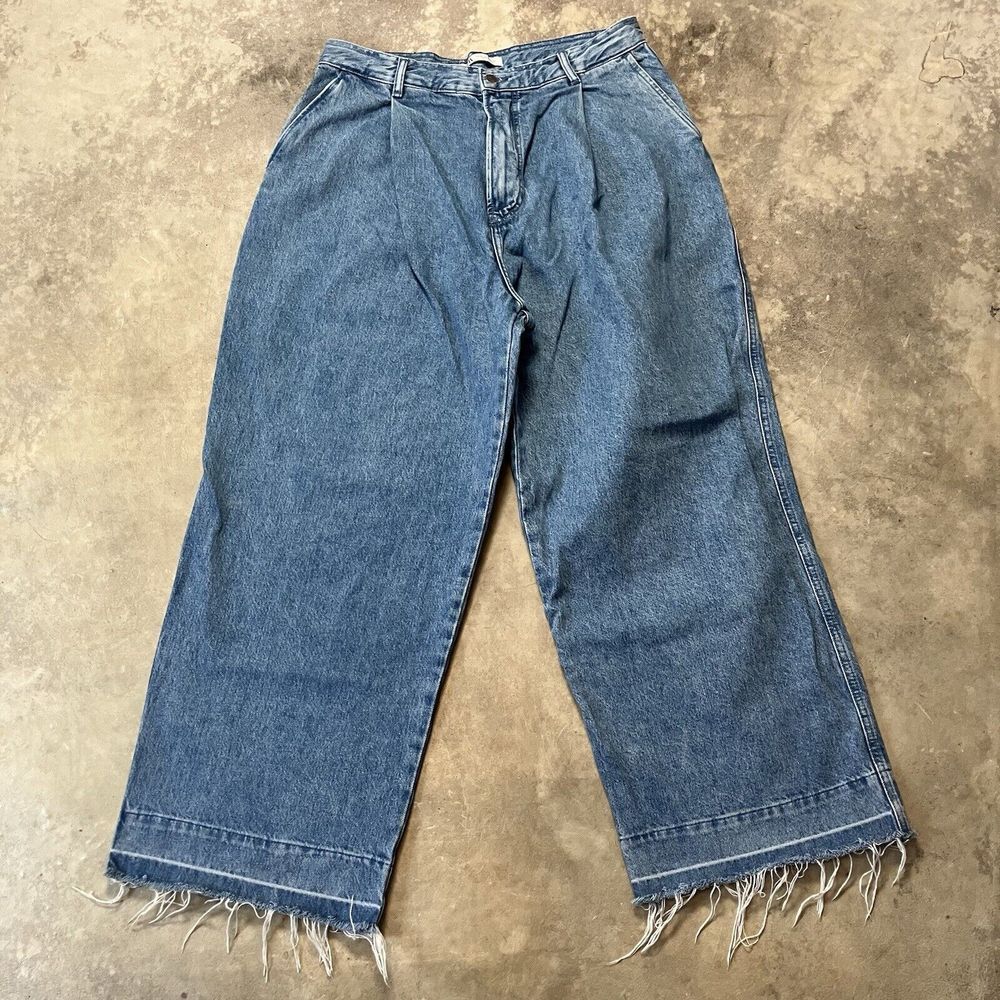 Zara Jeans Womens 34 Blue Baggy Y2k Pleated‎ Wide Leg Raw Hem Cotton